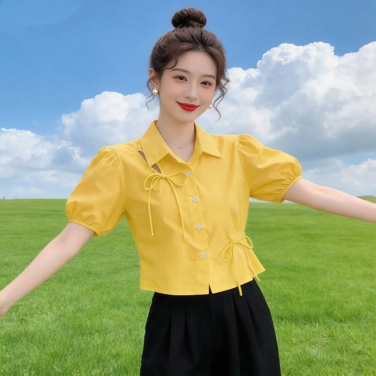 

Yellow Bubble Sleeve Shirt Women's Summer New Design Knot Drawstring Short Versatile Top Bow Loose Fit Collar