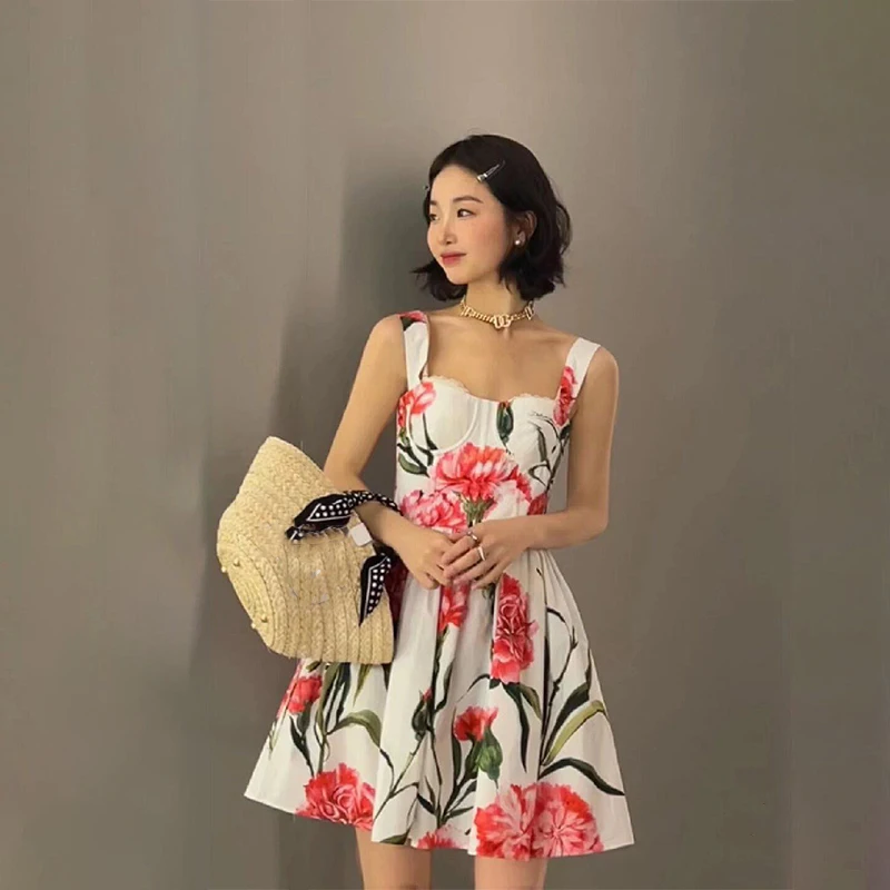 

1:1D0cle* 2024ss Women's Summer Dresses Backless Dresses Elegant Long Dresses Short Sling Printed Dresses Women's Clothing