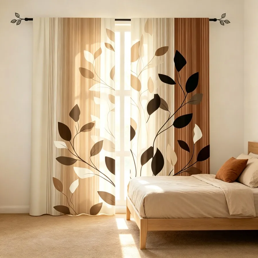 2PCS Digital Print Curtain, Brown Tree Branch Leaves Stripe Pattern, Modern Botanical Style for Living Room Bedroom Window Decor