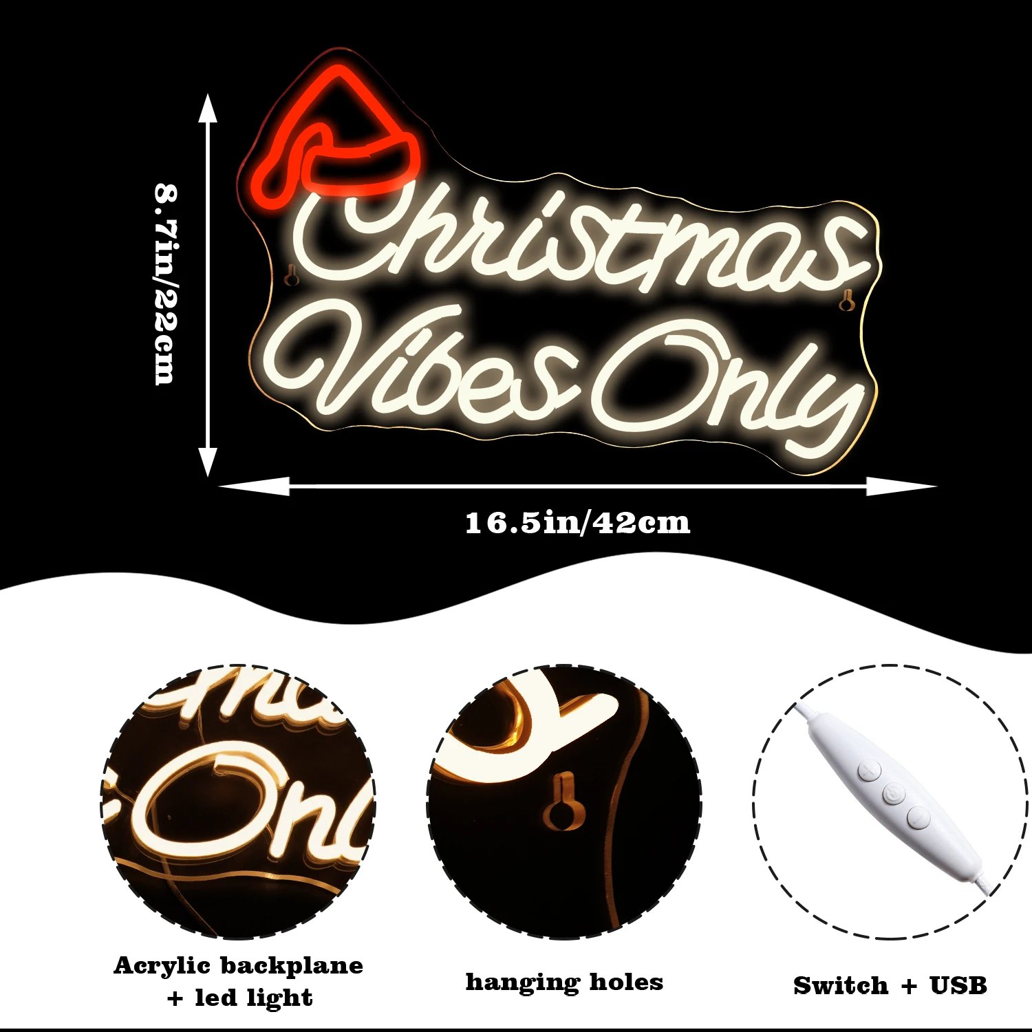 Christmas Vibes Only Neon Sign Hand Made 5V USB Powered Christmas Party Lamp Hotel Cafe Room Wall Decor Neon Signs Dimmable