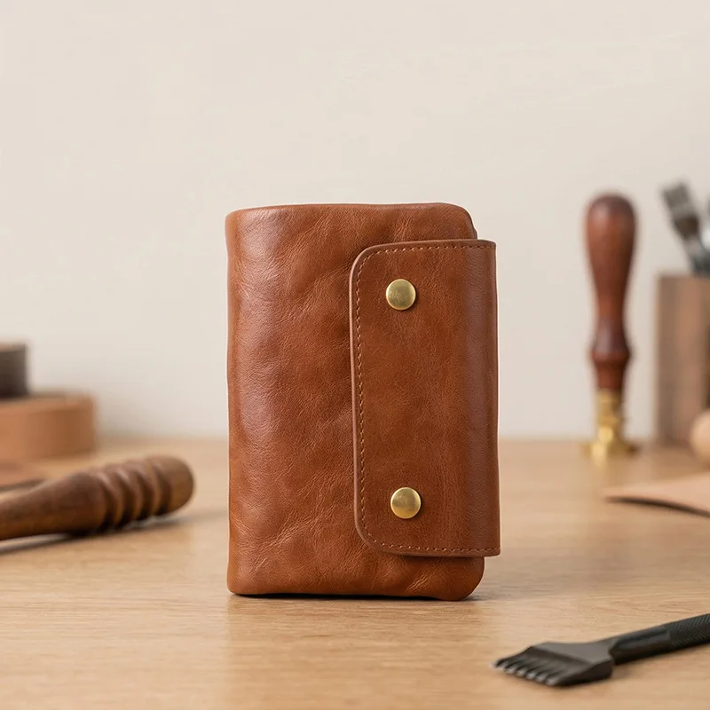 Unisex Vintage Vegetable Tanned Leather Short Wallet | Driver's License & Registration Card Holder | Minimalist Genuine Cowhide