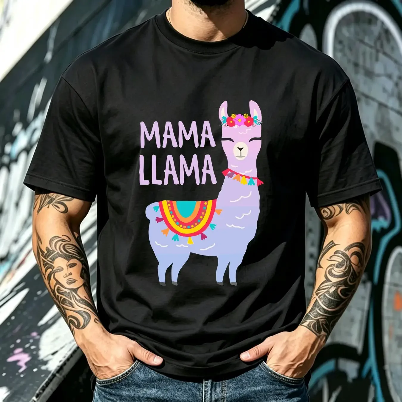 washed T Shirt Colorful Mama Llama for Women long or short sleeves vintage Washed Stylish Stretched Comfortable Unisex
