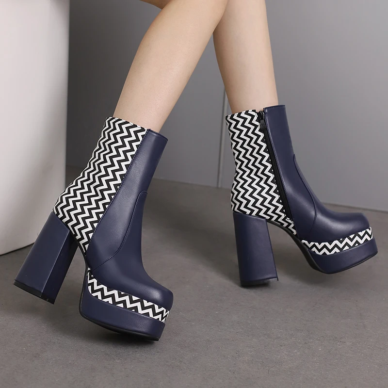 Plus Size Printed Stripe Color Matching Korean Style Fashion Trend Short Boots Platform Super High Thick Heels Women\'s Boots