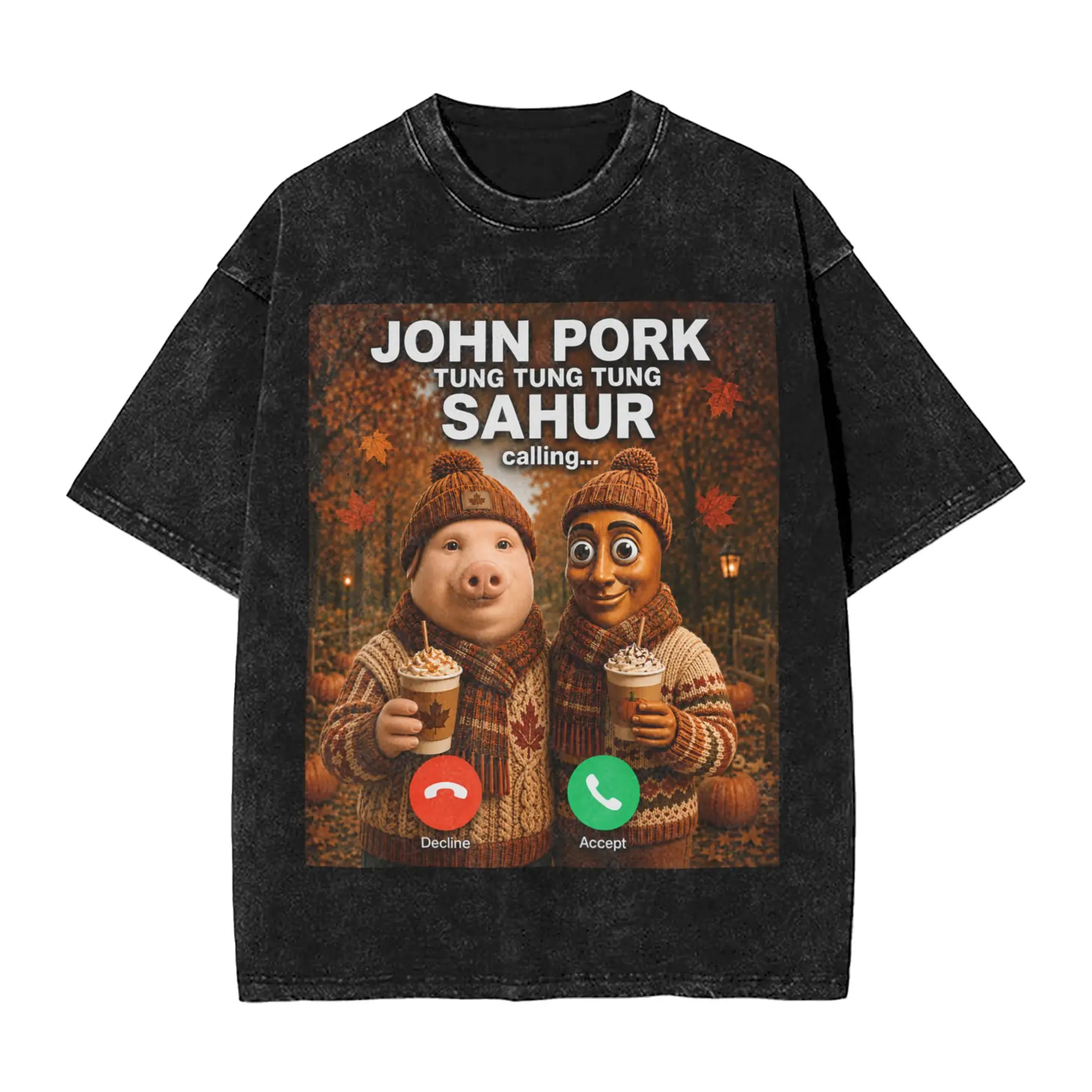 John Pork Tung Tung Tung Sahur Calling Fall Meme Brainrot T Shirts Men Cotton Leisure T-Shirt O Neck Tees Short Sleeve Clothing