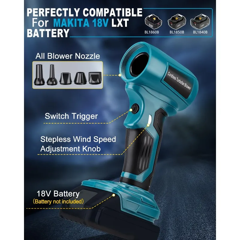 Brushless Turbocharged High-speed Hair Dryer with Continuous Stepless Speed Control Compatible for Makita Lithium-ion Batteries