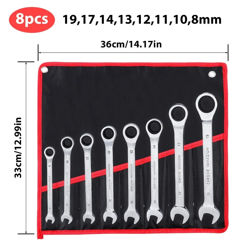 8Pcs Ratchet Wrench Set Fixed Head Dual Direction 72 Teeth Chrome Vanadium Steel For Auto Repair Home Garden Hand Tools Kit
