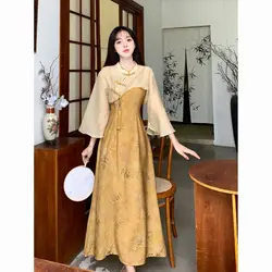 2024 autunno nuovo stile cinese stile vintage pan button shirt retro vita temperamento cheongsam vestito due pezzi set quotidiano qipao