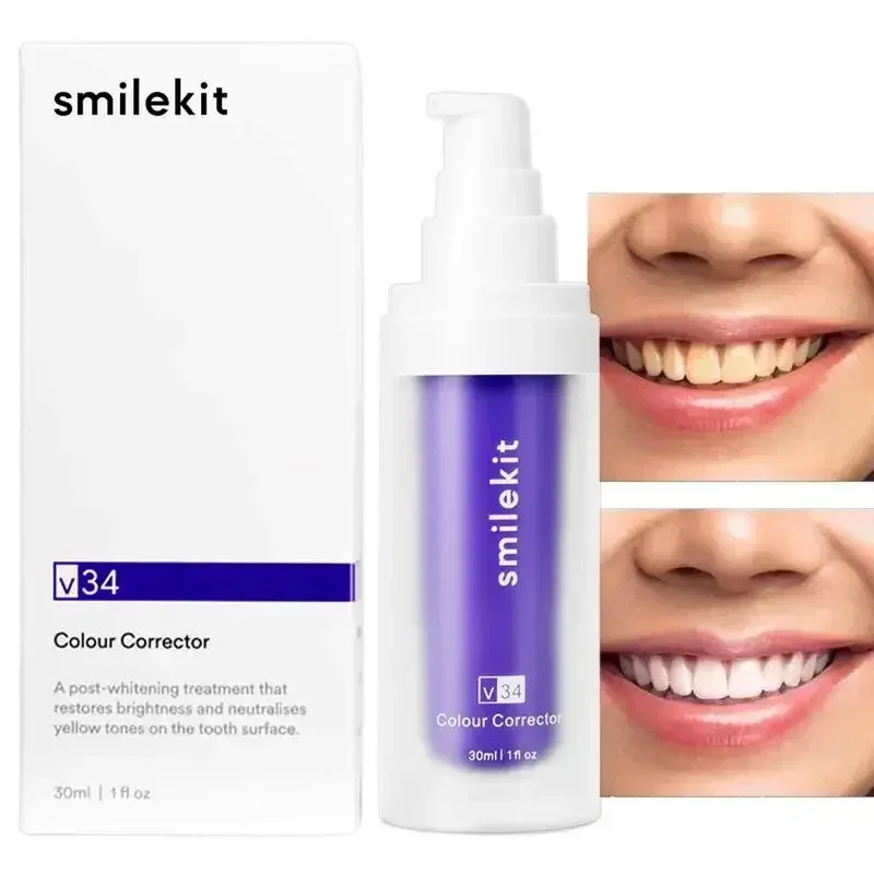 Dentes branqueamento esmalte creme dental, Remover mancha de placa, Corrector roxo, fácil de reduzir amarelamento, Oral Care, Novo, V34 Pro