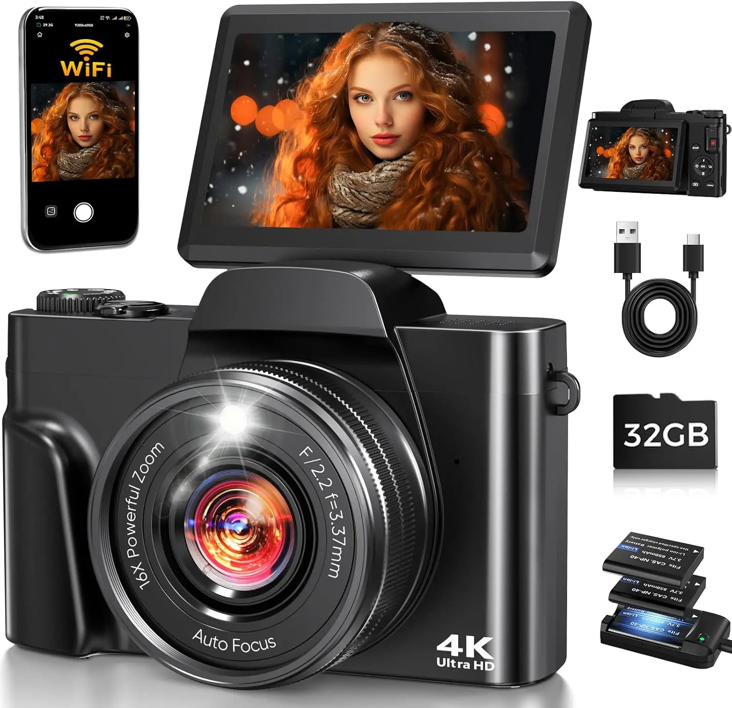 

4K WiFi Digital Camera with 64MP Autofocus, 3'' Flip Screen & 16X Zoom for Vlogging and Travel
