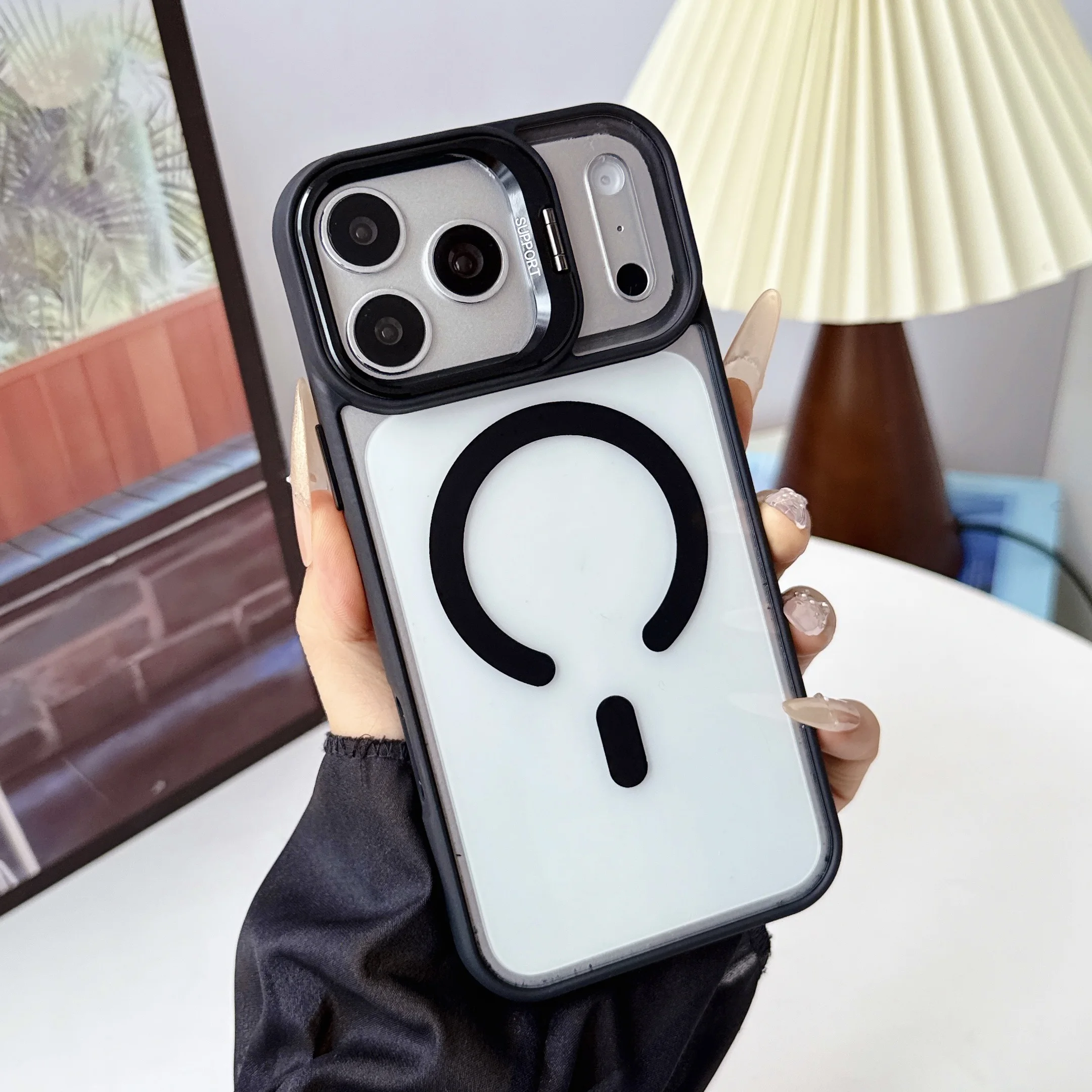 Shockproof Transparent Lens Support Phone Case For iPhone 17 13 11 16 Pro Max 15 14 12 17ProMax 17Pro For Magsafe Magnetic Cover