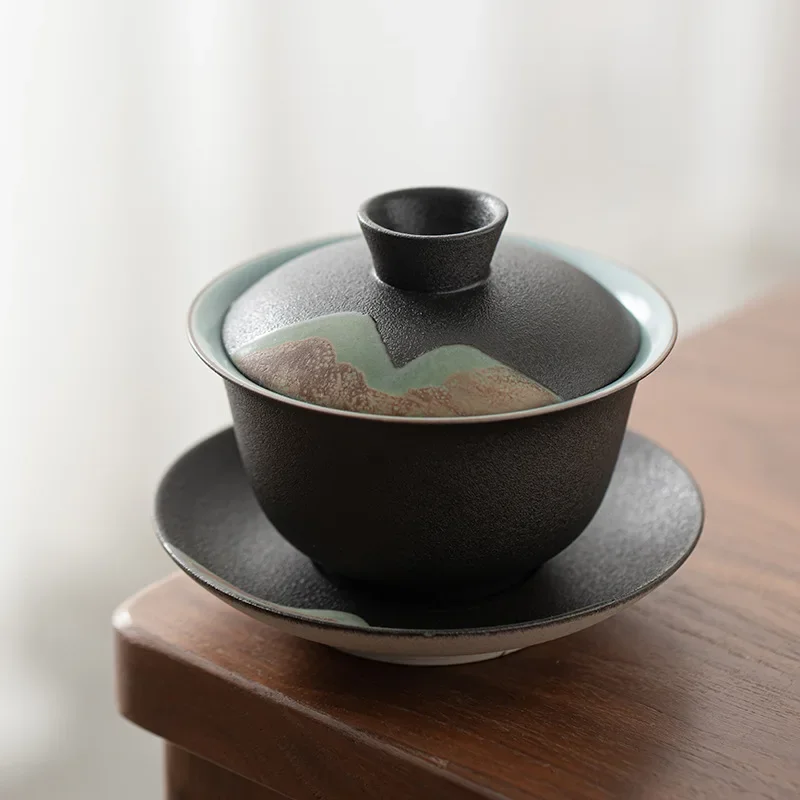 Japanese Style Hand Drawn In The Distant Gaiwan Porcelain Kung Fu Tea Bowl Stoneware Tea Maker Cover Bowl
