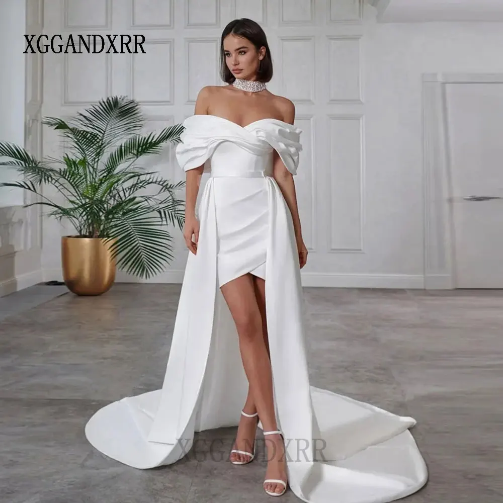 High Quality High Low Wedding Dress 2026 For Woman Bridal Gown Court Train Sweetheart Off Shoulder White Ivory Bride After Party