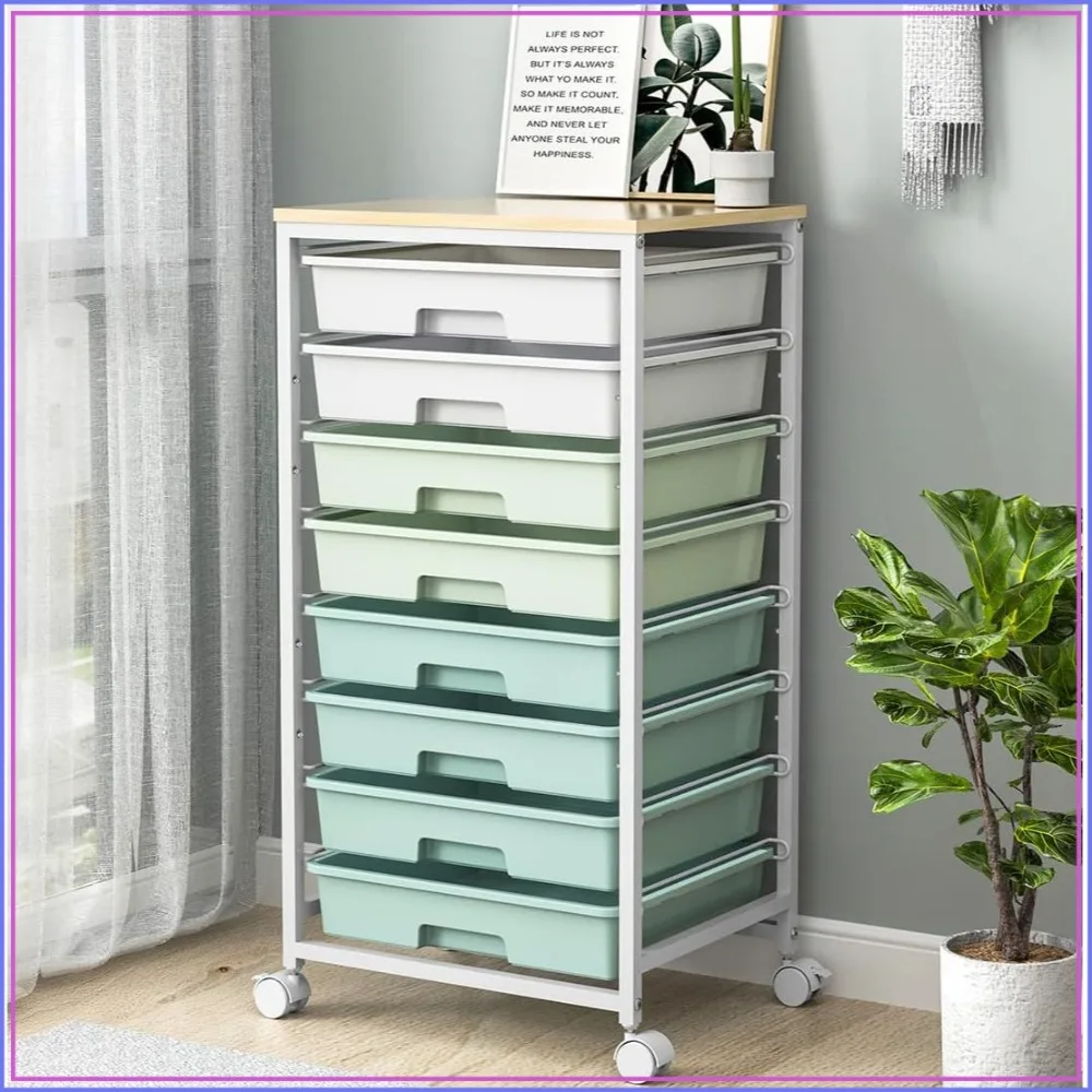 

8-Drawer Rolling Storage Cart with Wooden Top, Green, for Home Office Classroom
