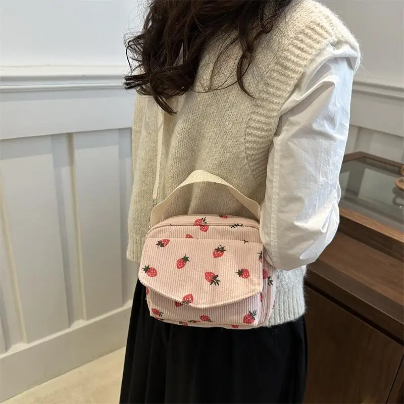 Strawberry Pattern Messenger Bags Corduroy Women's Small Shoulder Bag Teenager Girl Crossbody Bag Cute Tote Student Square Bag