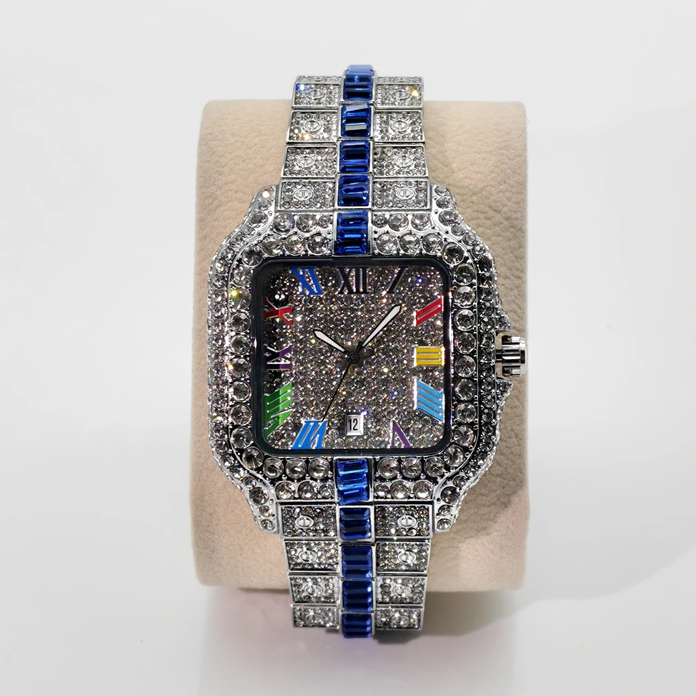 

Роскошные мужские часы с бриллиантами в стиле хип-хоп, кварцевые часы с синим циферблатом, серебристые, блестящие, для вечеринок, ювелирные украшения, дропшиппинг
