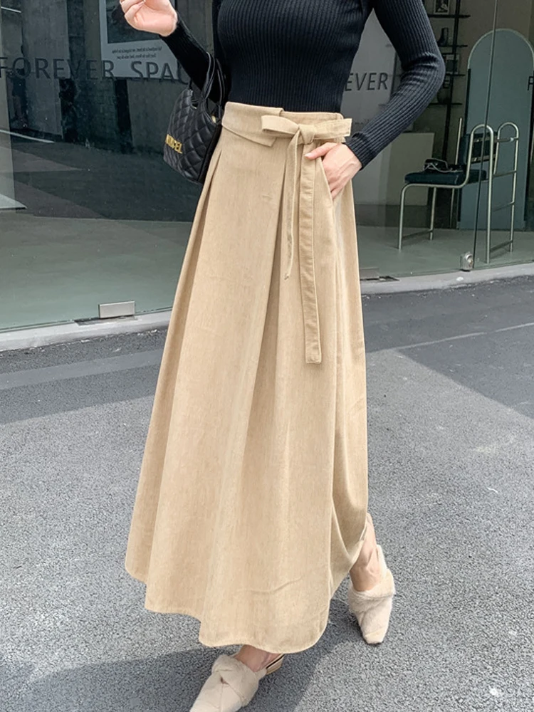 

Corduroy Long Skirt Women Casual Vintage Skirts Autumn Winter Female Thick High Waist Skirt Ladies Elegant Fashion Lace-Up Skirt