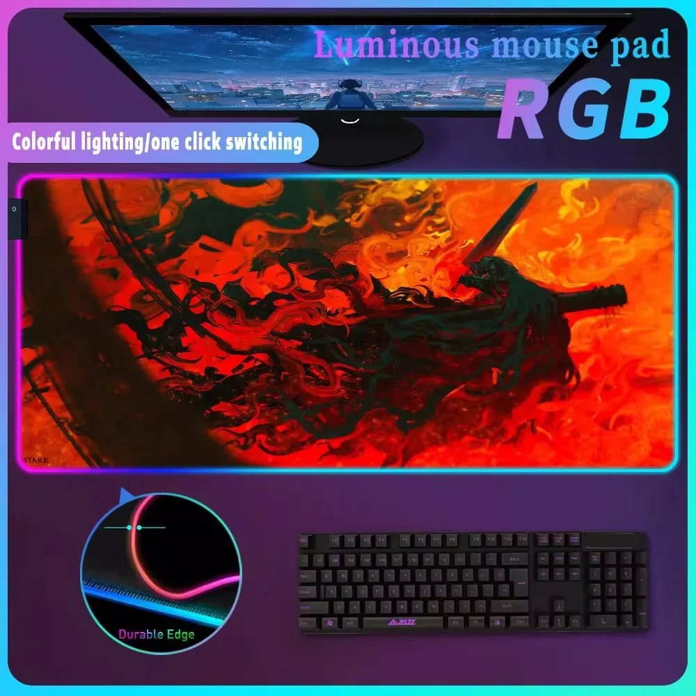 RGB B_berserk Guts Mouse Pad  Computer Mousepad Keyboard Backlit LED Gabinete Gamer Carpet Gaming Accessories Desk Protector