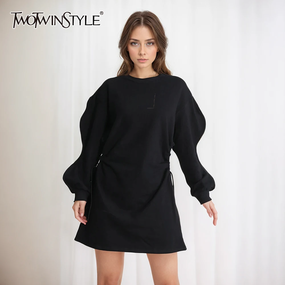 

TWOTWINSTYLE Solid Patchwork Drawstring Casual Dress For Women Round Neck Long Sleeve High Waist Minimalist Dresses Female New