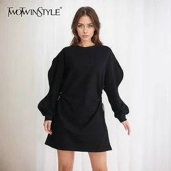 TWOTWINSTYLE Solid Patchwork Drawstring Casual Dress For Women Round Neck Long Sleeve High Waist Minimalist Dresses Female New