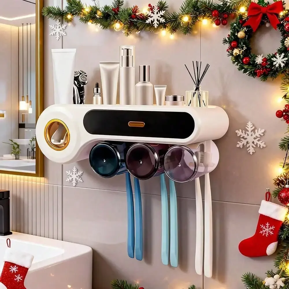 

Wall-Mounted Toothbrush Holder - Large Capacity 3 Cups | Space-Saving Bathroom Organizer With Built-In Cosmetic Drawer & Toothpaste Dispenser | No Power Needed, Easy Install, Clutter-Free Vanity Storage (1 PC)