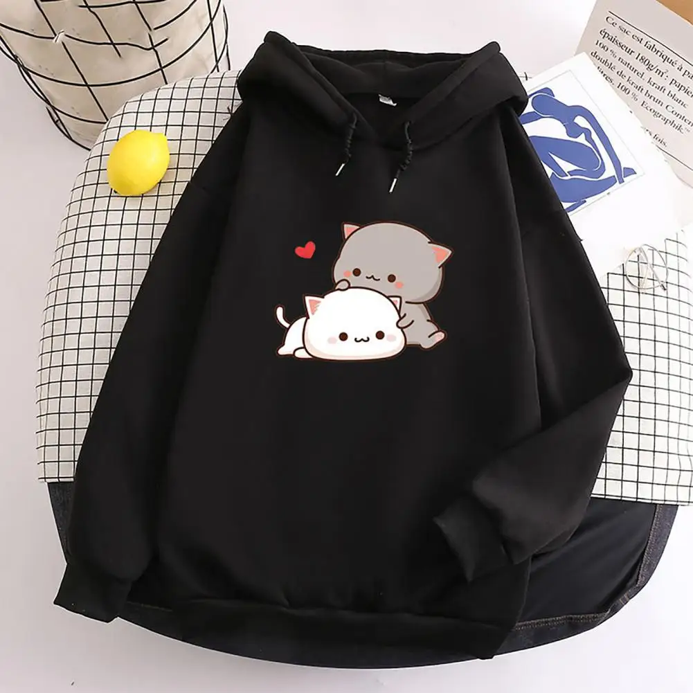 Soft Fleece Candy Color Autumn Hoodie Students Sweatshirt Cartoon Cat Print Drawstring Women Men Hoodies Korean Couple Hoodies