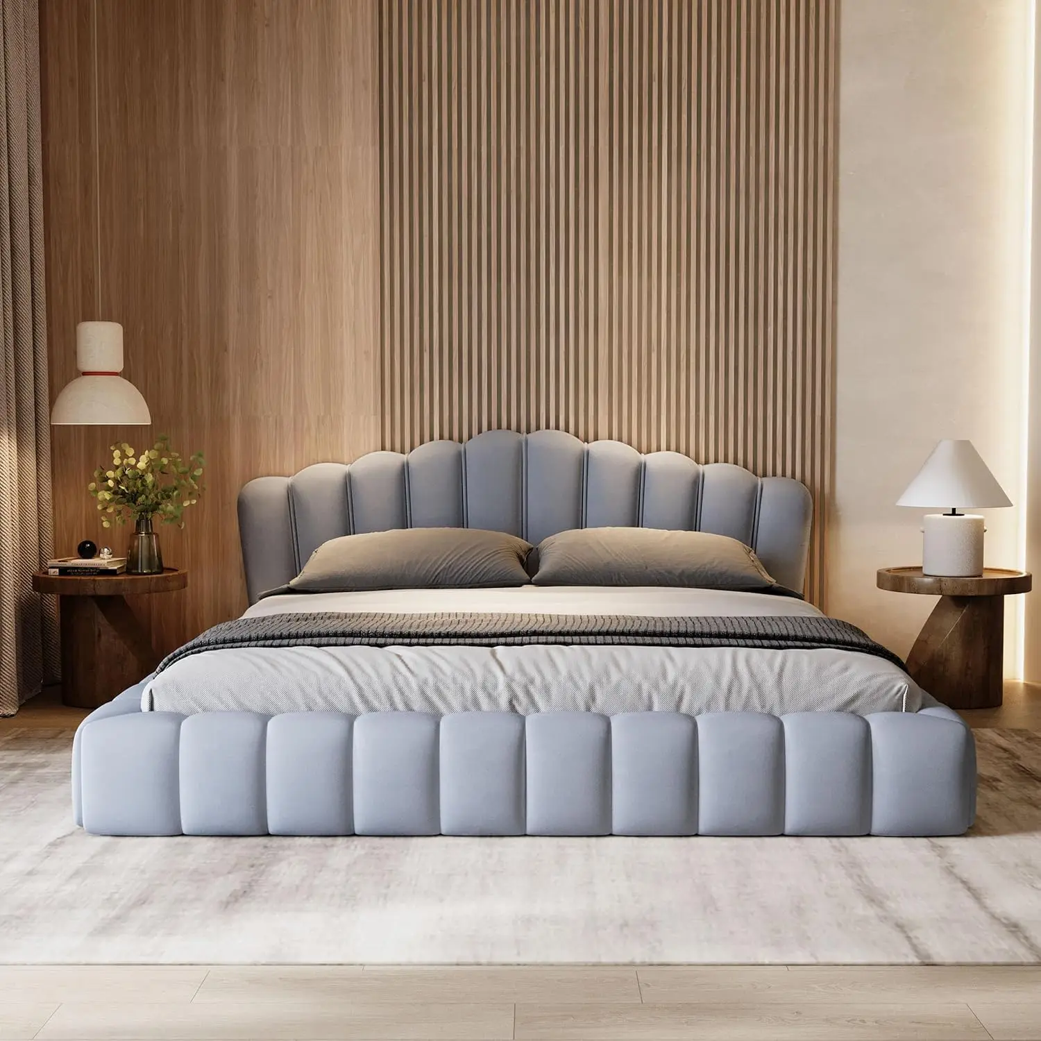 Velvet Queen Bed Frame,Wood Modern Floor Platform With Shell Headboard,No Box Spring,Easy Assembly,Customized
