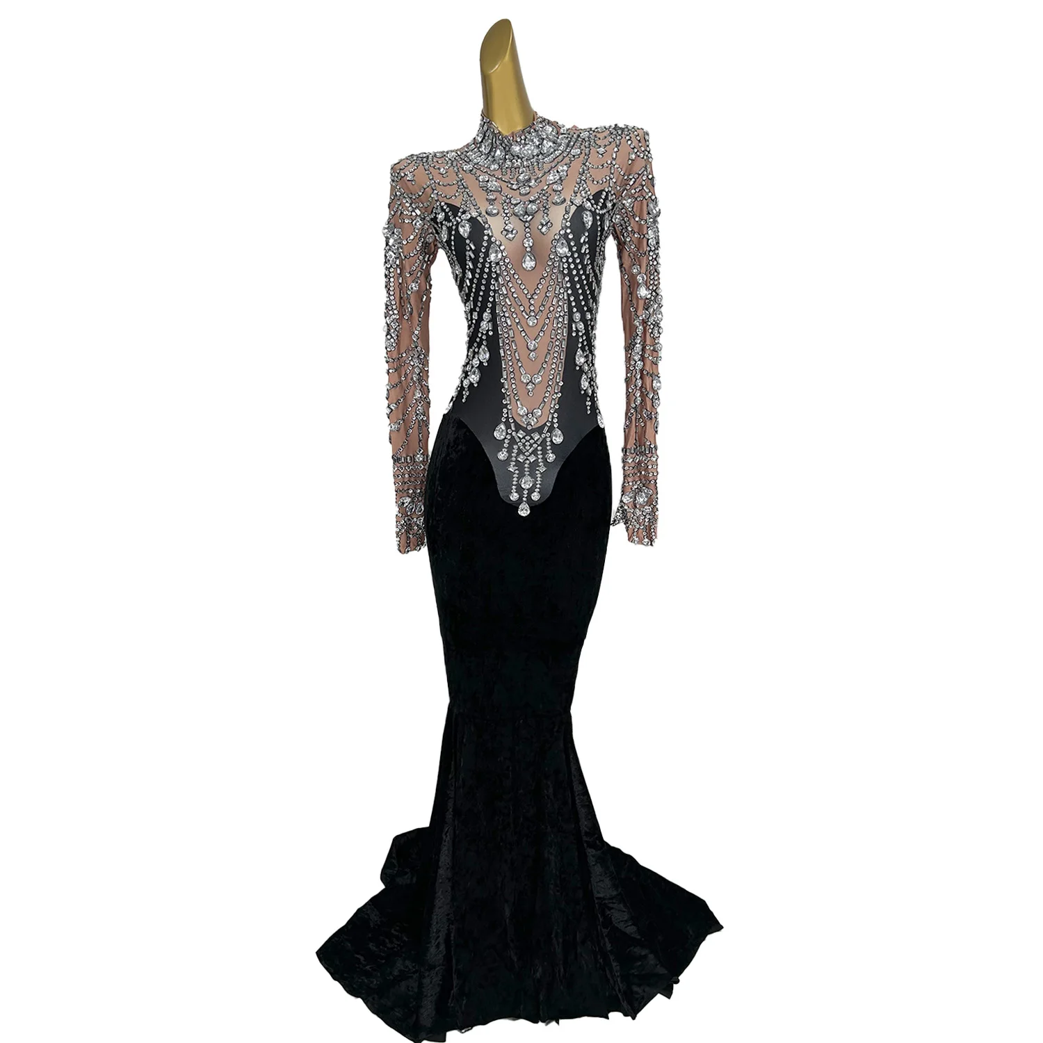 Luxury Velvet Evening Mermaid Dress Women Sexy Crystal Party Dress Prom Trailing Long Dress Singer Stage Costumes Sirongqun