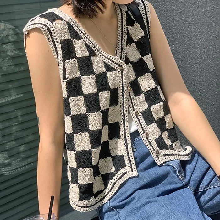 متقلب الكروشيه سترة للنساء مفتوحة متماسكة زر متابعة جاكيت بلا إكمام أعلى محبوك صدرية في سن المراهقة فتاة عطلة الزي #6