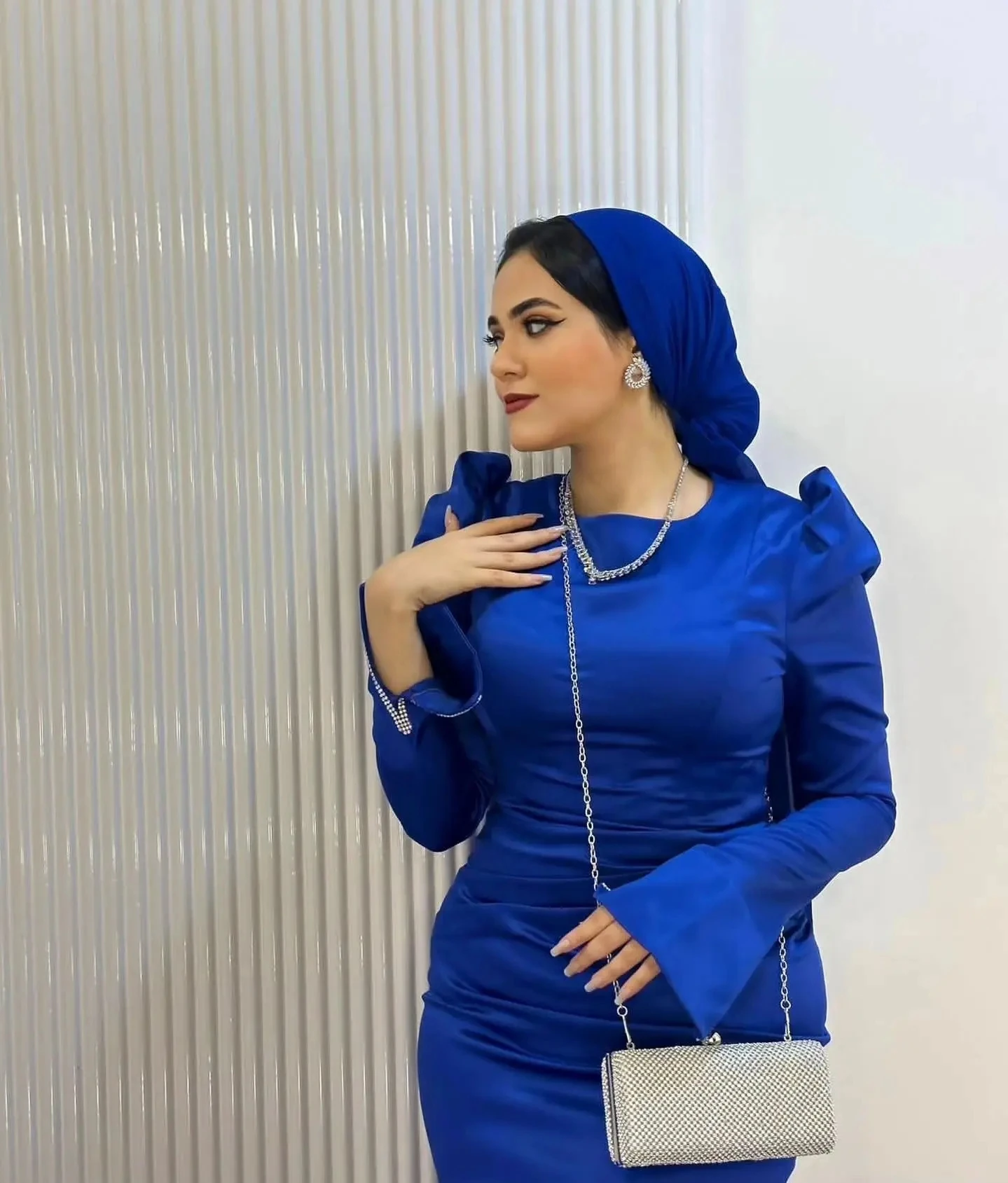 Flora Dress Elegant Blue Satin O-Neck Muslim Mermaid Prom Dresses Party Evening Gowns Long Sleeves For Women فساتين السهرة