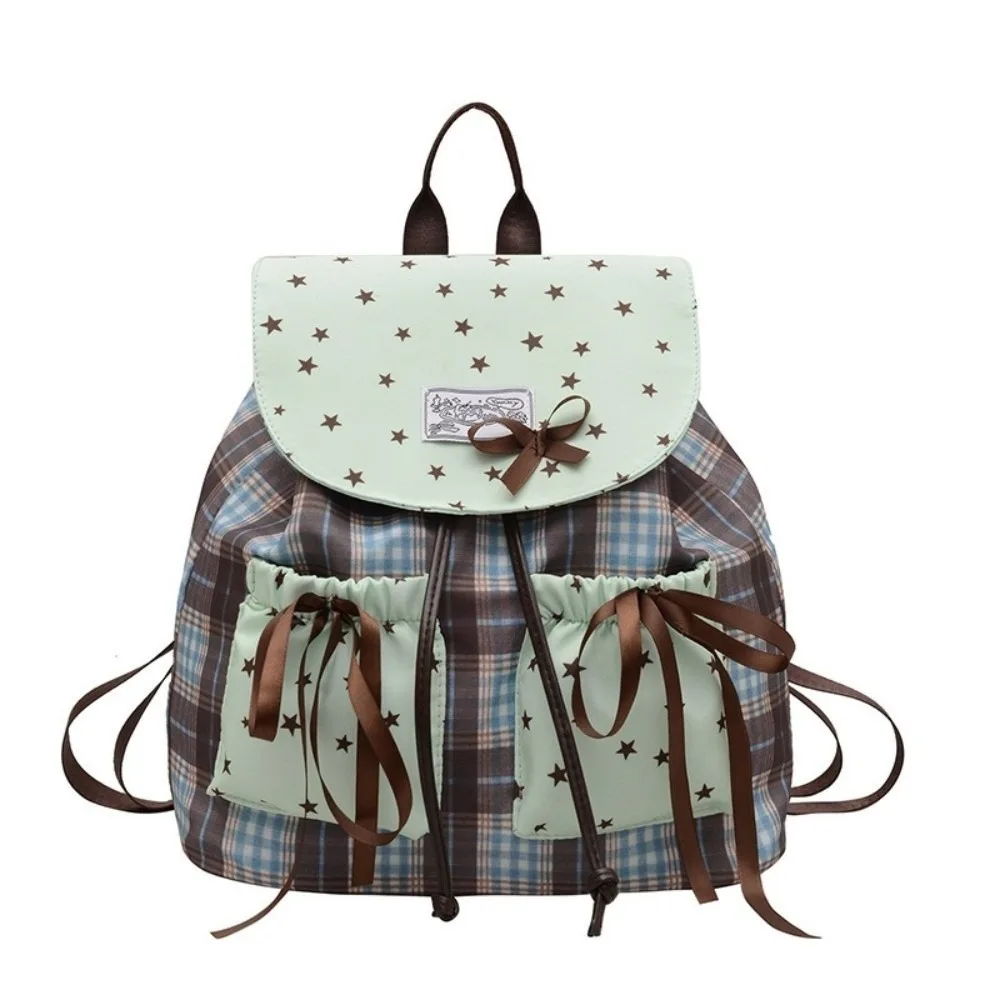 

Sweet Bow Double Shoulder Bag Plaid Pattern Contrast Color Student Schoolbags Star Print Grid Pattern Mint Green Small Backpack