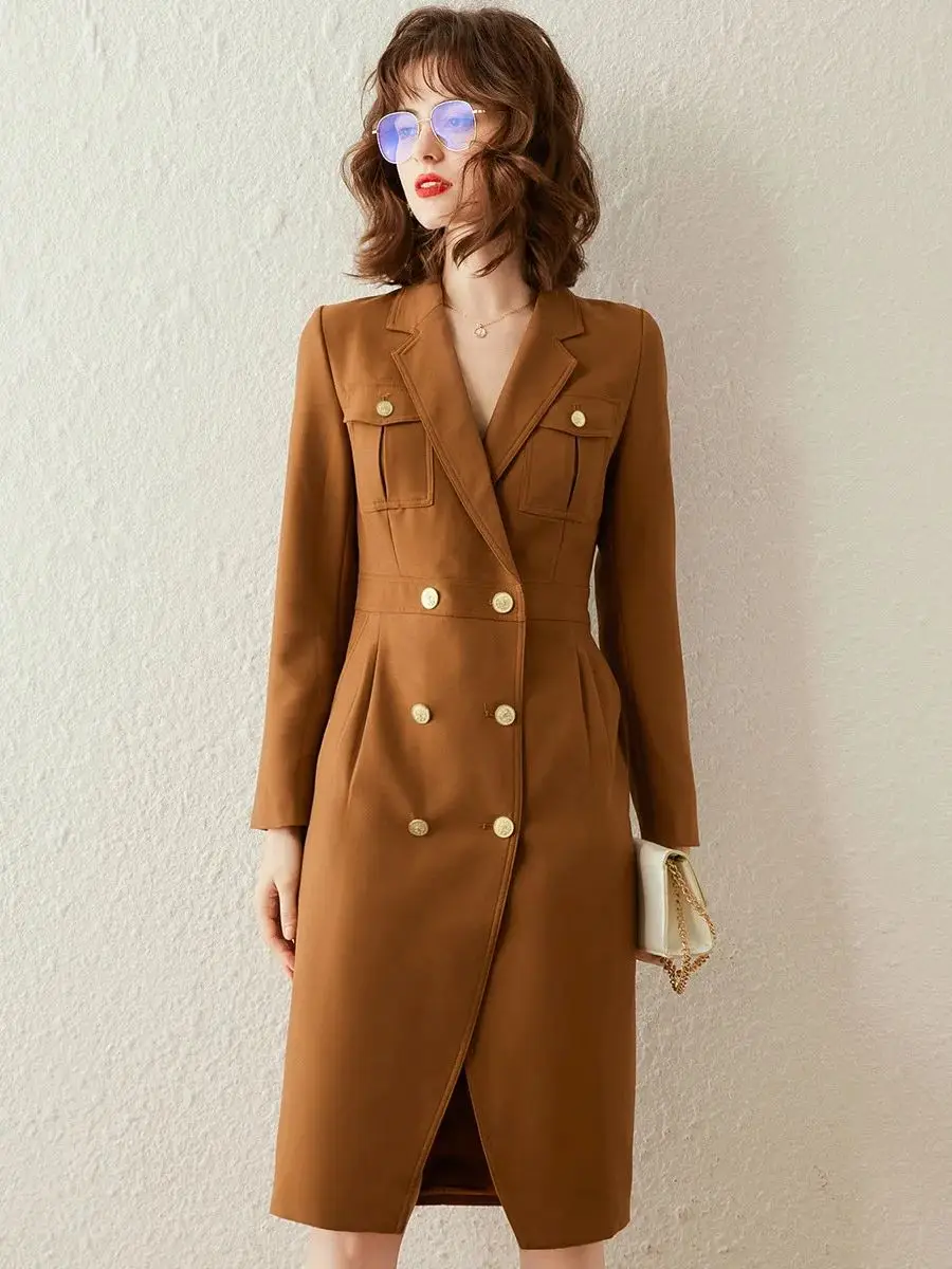 LOUIS YAO Women Dress 2024 Spring Suit Dress Elegant Turn-down Collar Slim Long Sleeve Knee-length Mid Length Women's Dress