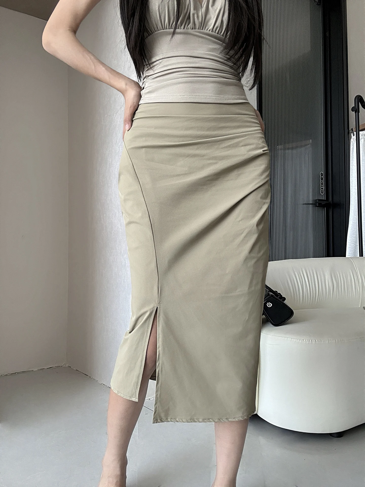 MianCun Intellectual Style Asymmetrical High Waist Slimming Skirt Women's Summer Fashion Half-length Split Skirt Zipper Back
