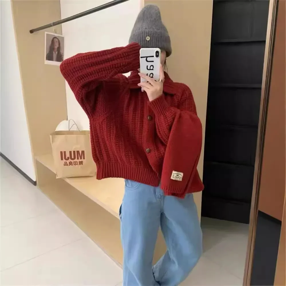 Vintage Stand Collar Sweater for Women 2024 Autumn and Winter Korean Simple Senior Sense of Loose Lazy Wind Knit Cardigan Coat