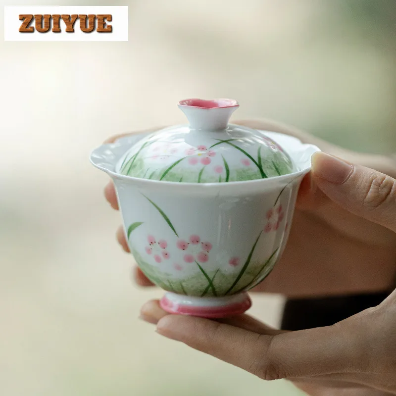 

125ml Hand Drawn Flower Grass Gaiwan Boutique Non Scalding Flower Mouth Tea Tureen Tea Brewing Cover Bowl Chinese Tea Set Gift