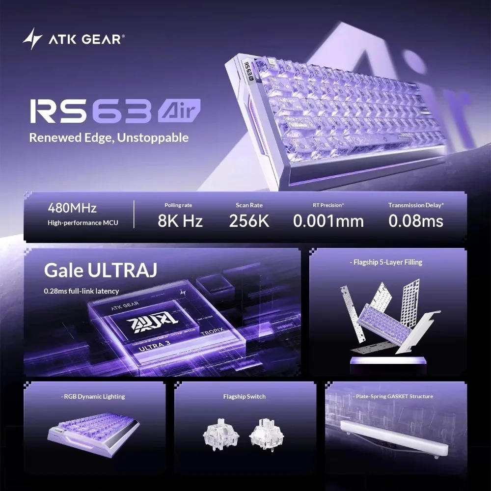 ATK RS63 AIR Aluminum Alloy Magnetic Keyboard Wired RGB 8K RT 0.001mm Quick Trigger Gasket Low Latency Gaming Accessories Gift