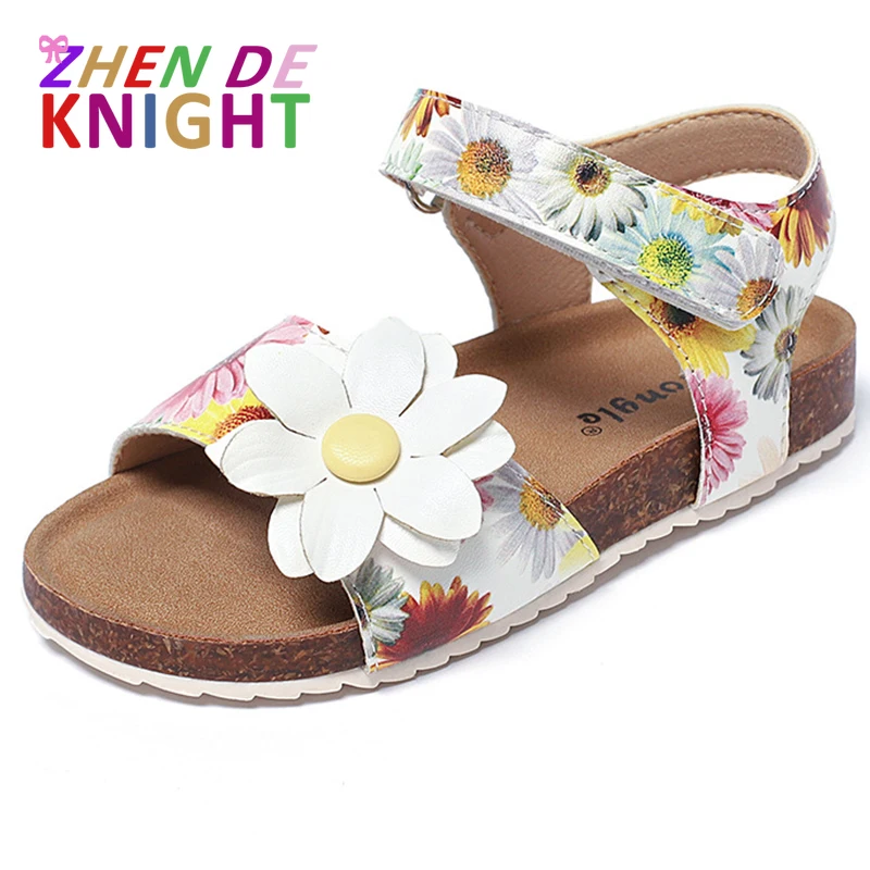 Children's Sandals 2023 Summer Kids Soft Sole Beach Shoes Girls Princess Flower Hook&Loop Cork Sandals Size 20-30