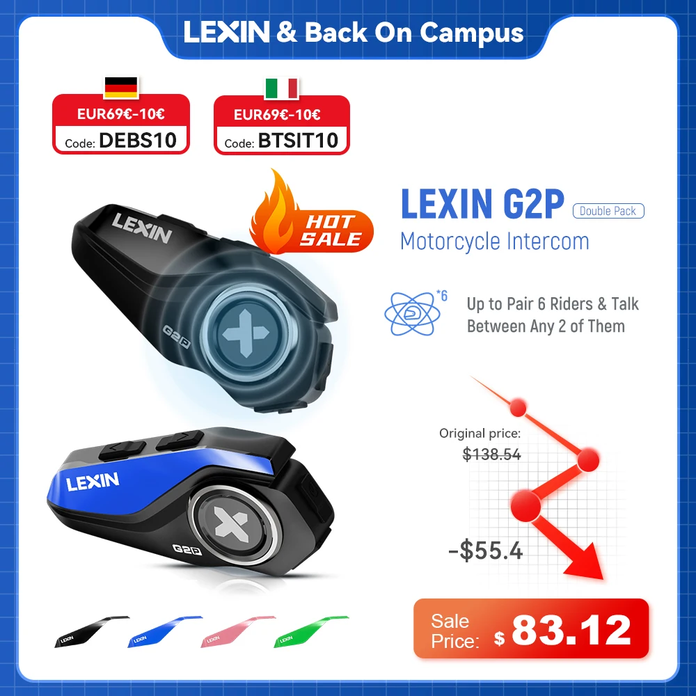 

Lexin-G2P Motorcycle Helmet Bluetooth Intercom Up To Pair 6 Riders&Big Button Design Exchangeable Pattern Shell 120KM/H