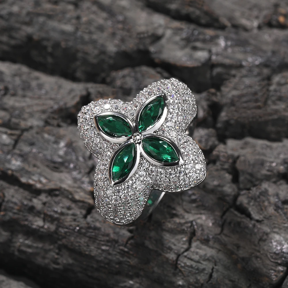 THE BLING KING Clover Flower Rings Micro Paved Out Green Cubic Zirconia Punk Ring Hiphop Jewelry For Men Women Party Gift