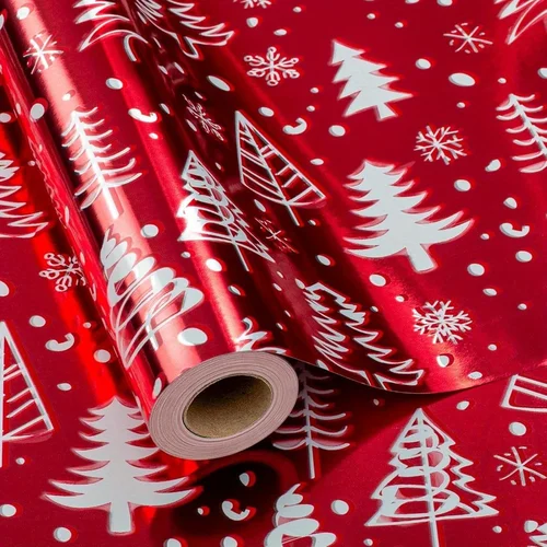 Imagen 1 del producto 1 rollo de papel de regalo rojo navideño, 17 pulgadas x 33 pies, árbol de Navidad rojo brillante metálico de lujo y rollo de papel de aluminio para nieve, regalo de vacaciones de invierno