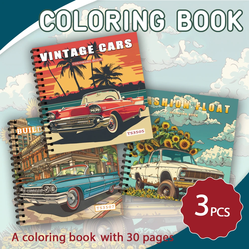 

Набор из 3 иллюстративных книжек-раскрасок, строительные пейзажные автомобильные узоры, 30 страниц в спиральном переплете, снятие стресса, релаксация, подарок на выбор