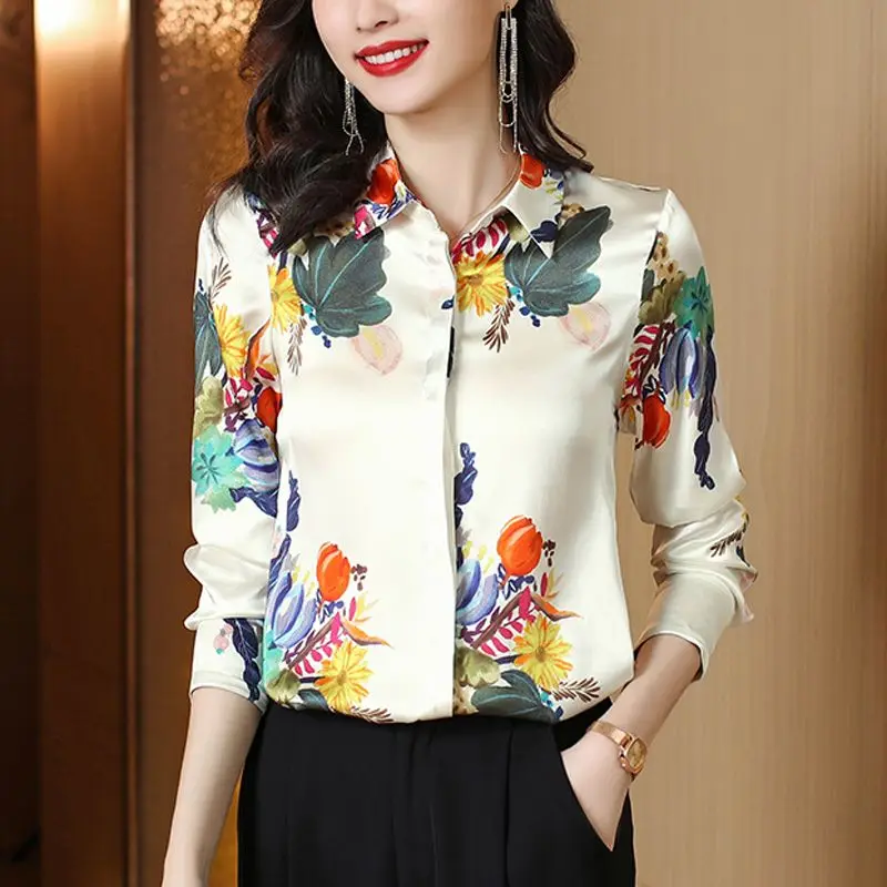 Spring Autumn New Fashion Turn-down Collar Long Sleeve Blouses Women\'s Clothing Ice Silk Korean Printing Temperament Chic Shirts