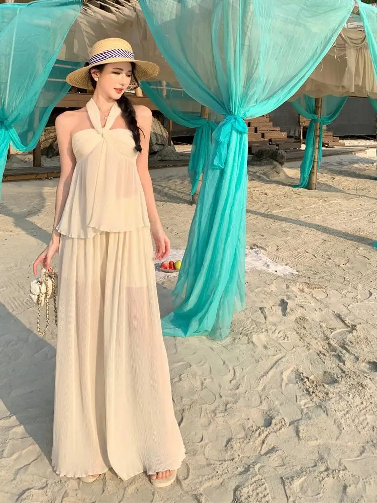 

Summer Women's Beige Sleeveless Backless Halter Bandage Short Tops And High Waist Pleated Wide-leg Long Pant Two-piece Set Trend