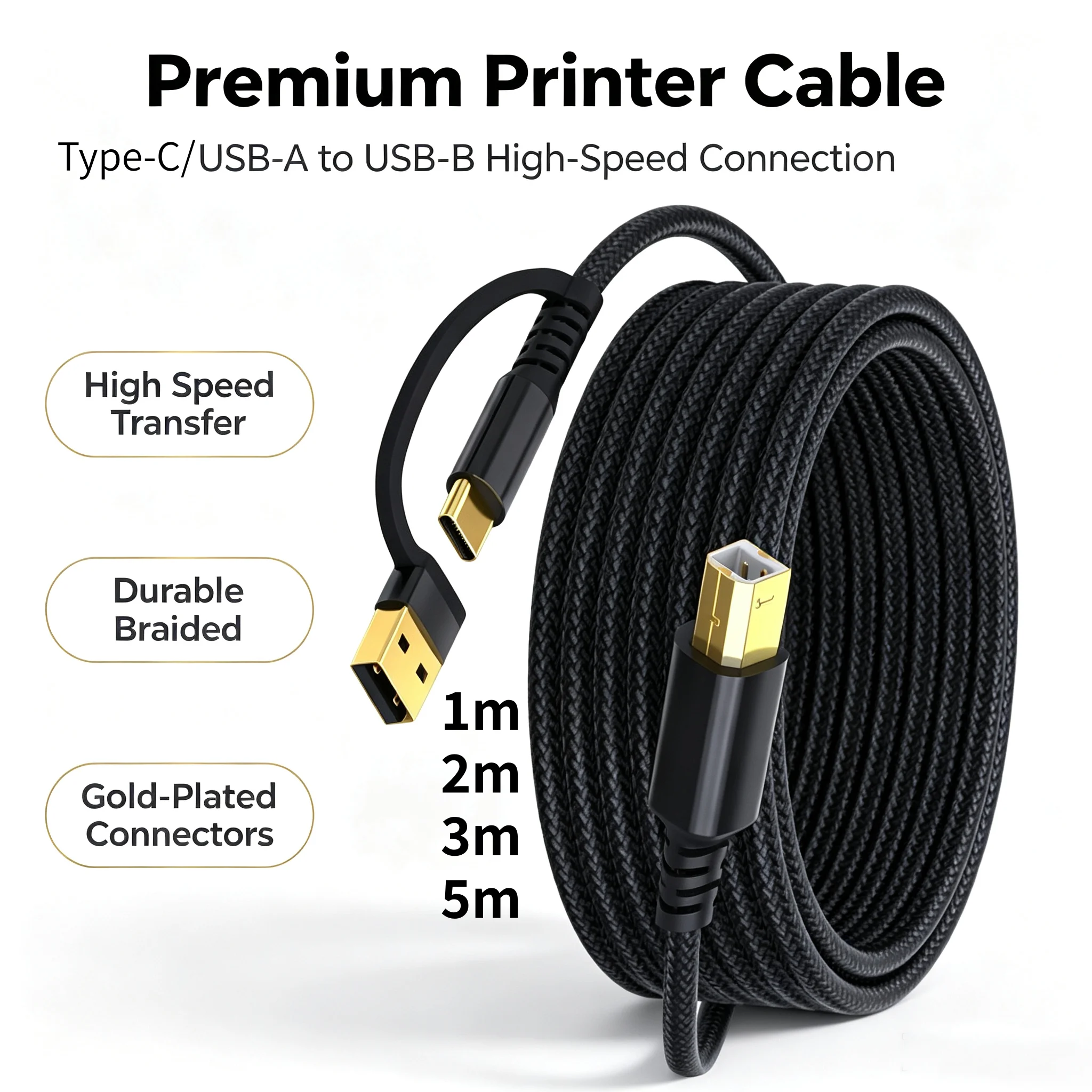 Nylon Braided 2-in-1 USB-A USB-C to USB-B 480Mbps Data Cable for HP Canon Epson Brother Printer Scanner MIDI Keyboard Laptop PC