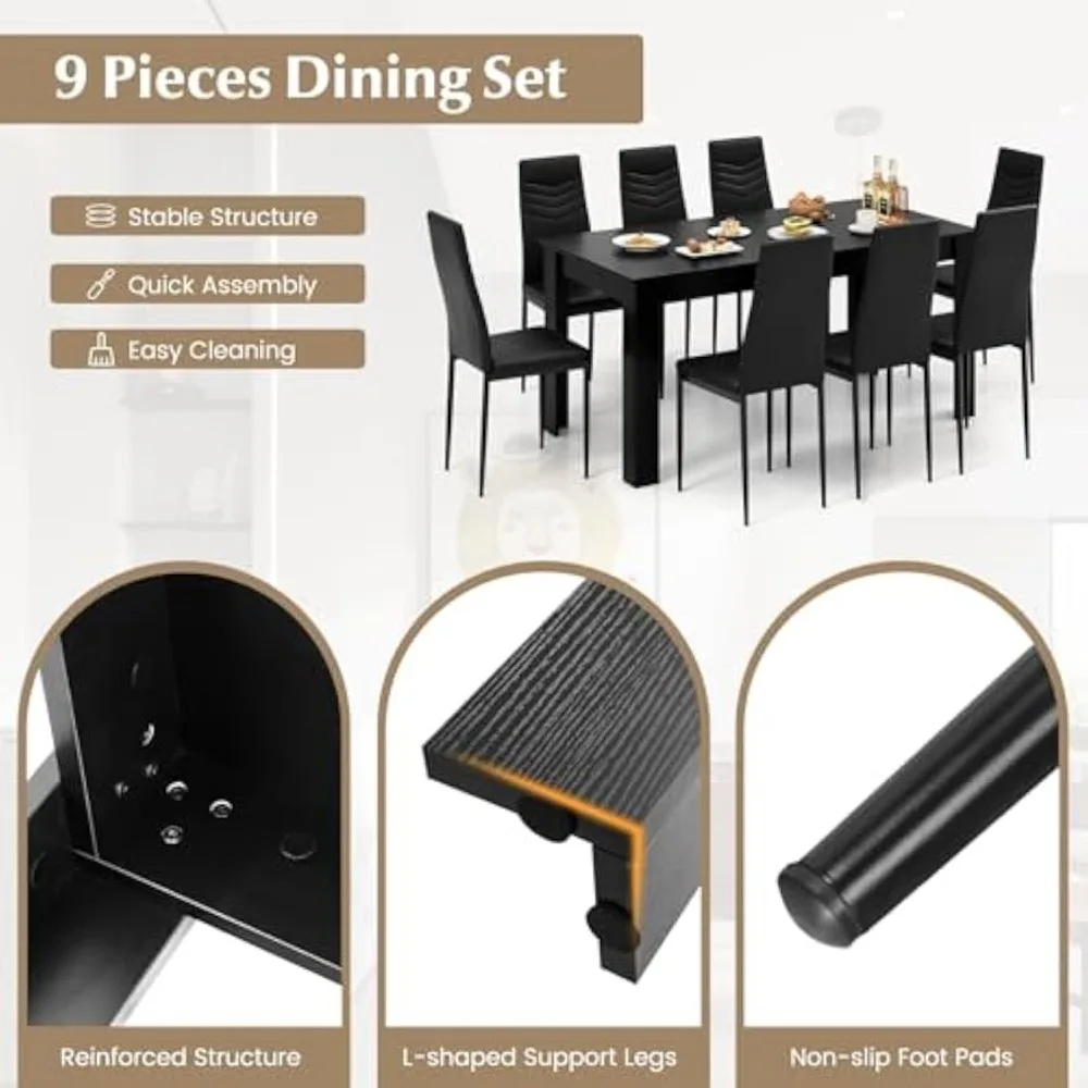 Dining Table Set for 8, Modern Rectangular Kitchen Table Set w/ 8 PVC Leather Dining Chairs, 9-Piece Space-saving Furniture Set