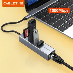 CABLETIME USB C to Ethernet LAN Adapter 1000Mbps RJ45 USB HUB for Notebook Laptop Internet USB Network Card C412