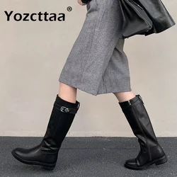 Yozcttaa Size 34-40 Knee Boots For Women Ruched Real Leather Kitten High Heels Shoes Winter 2025 Wide Calf Vintage Long Boots