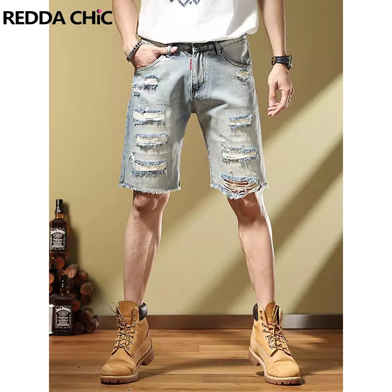 REDDACHIC Men Lapel Patchwork Ripped Hole Denim Shorts Light Wash Whiskers Cleanfit Wide Leg Pants Baggy Jorts Vintage Clothing