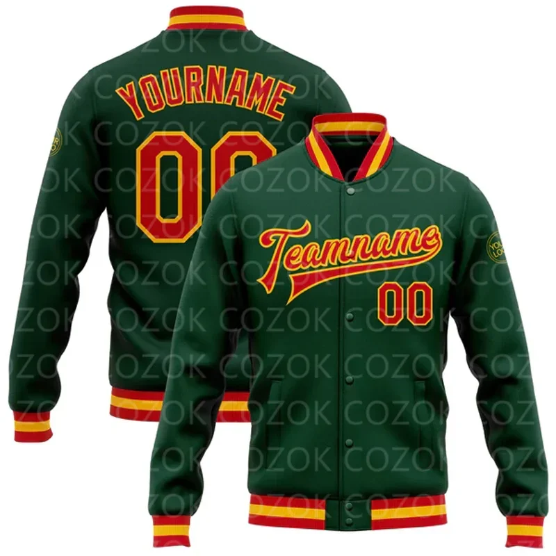 Custom Green Red 3D Printed Baseball Button Jacket Bomber Full-Snap Varsity Letterman Jacket