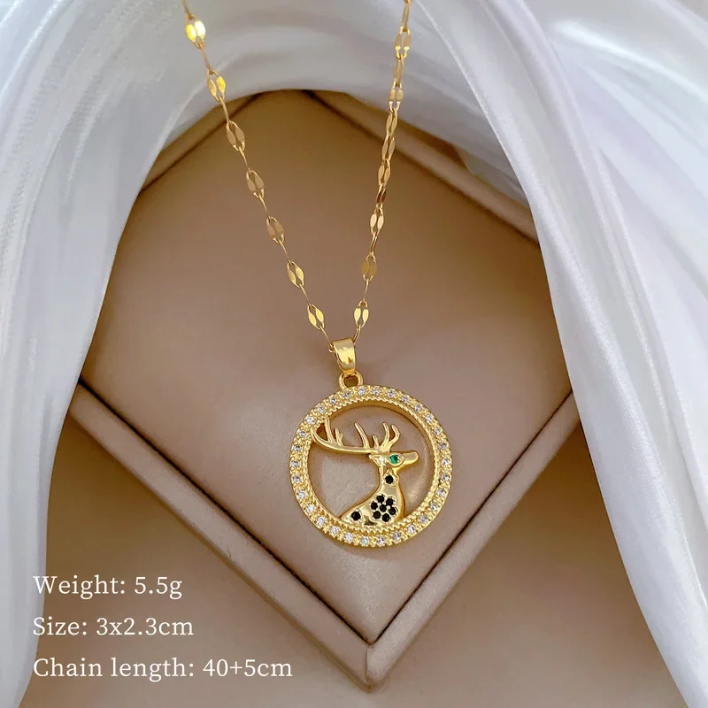 Women's Versatile Clavicle Rotundity Ring Lucky Deer Gorgeous Zircon Pendant Necklace Titanium Steel Chain