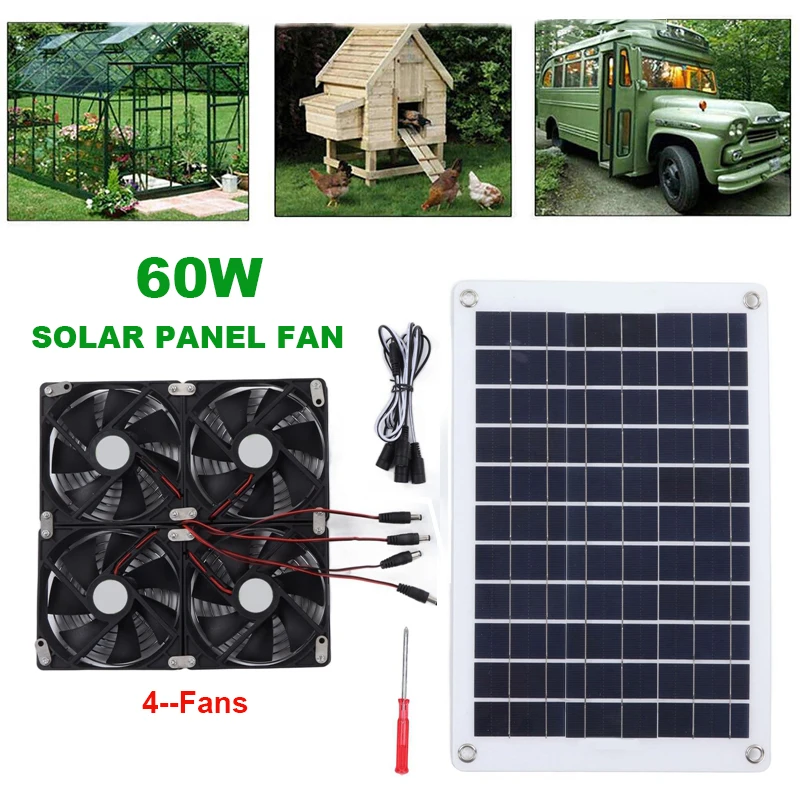 

60W Solar Panel Exhaust Fan Air Extractor 12V 4-Fan Mini Ventilator Solar Panel Powered Fan for Dog Chicken House Greenhouse RV